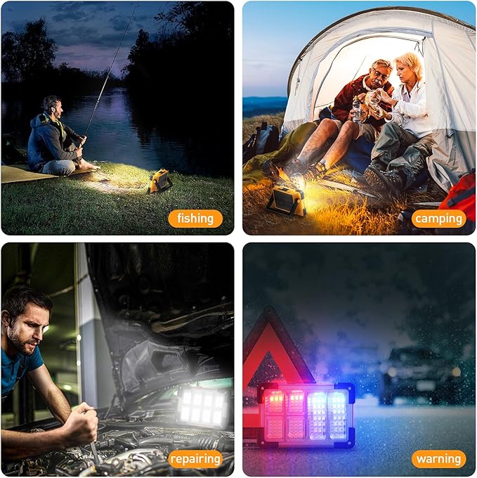 120W Solar Rechargeable Work Light, 144 LED 10000LM Led Work Light with 4 Modes, Portable Flood Light with Stand, IP66 Waterproof Outdoor Working Light for Emergency Mechanic Camping Repair (Yellow)