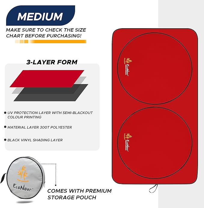 EcoNour Windshield Sun Shade Premium | Sunshade Protects Car Interior | Car Sun Shade Windshield Blocks UV Ray & car Accessories | Universal Fits Small Sedans | Mini SUV & Hatchbacks | Medium (64x32)
