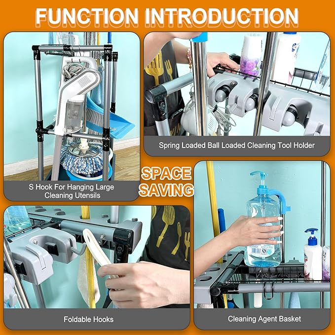 Floor-Standing Multi-Functional Cleaning Tool Organizer storage broom mop and cleaning supplies