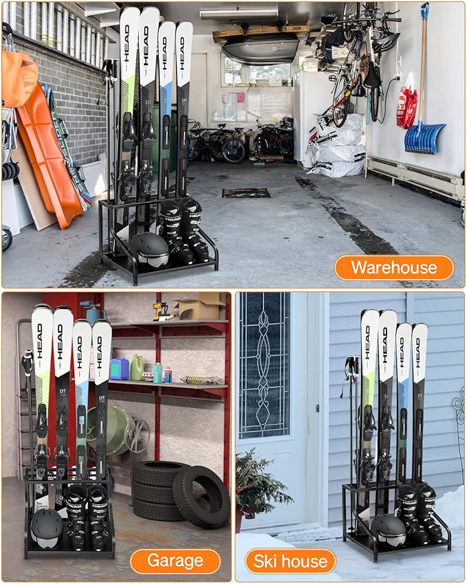 Ski Storage Rack for Garage - Freestanding Ski Holders for 4 Pairs of Skis, Ski Boot, Ski Poles, Goggles, Helmet and More, Heavy Duty Steel Floor Stand Ski Organizer for Garage Basement