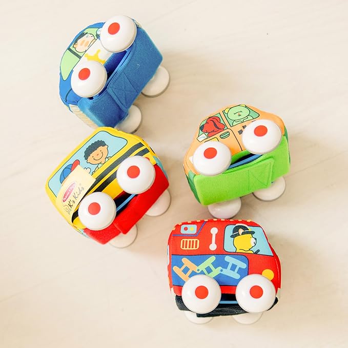 Melissa & Doug K's Kids Pull-Back Vehicle Set - Soft Baby Toy Set with 4 Cars and Trucks, Soft Vehicles Toys for Babies and Toddlers