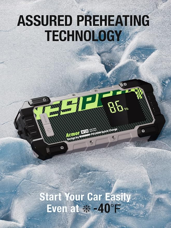 YESPER Car Jump Starter, 3000A Peak Portable Jump Starter with Pre-Heat Tech(-40°F~140°F) 12V Car Charger Jump Starter(10.0L Gas/8.0L Diesel, 60 Times) Jumper Box with PD100W