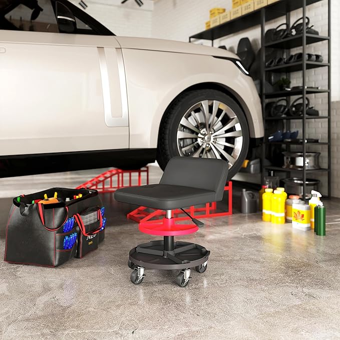 HOMCOM Rolling Mechanic Stool, 300 LBS Capacity Pneumatic Creeper Garage Stool with 360° Wheels, Backrest, Heavy Duty Roller Seat Padded Shop Chair with Tool Tray Storage, Adjustable Height, Black