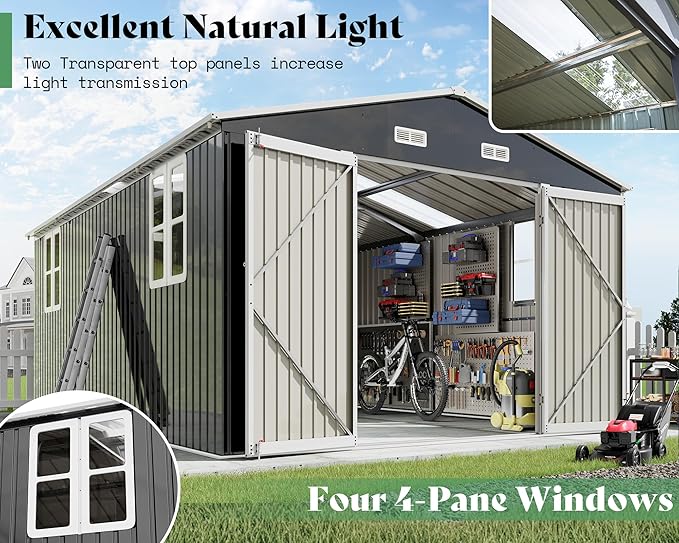 AMERLIFE 10x16.3x7 FT Galvanized Steel Storage Shed with Dual Transparent Panels, 4 4-Pane Windows & Hinged Double Doors, Outdoor Shed for Backyard, Garden, Patio, Dark Grey/White