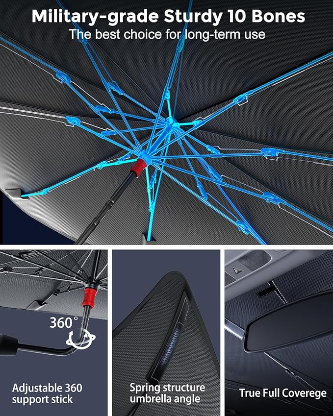 [Updated Version] Car Windshield Sun Shade, [Effective Keep Cool] Spring Structure Umbrella Sunshade for Cars Windshield, Protect from Sun Rays, Heat Damage and Protect Interior