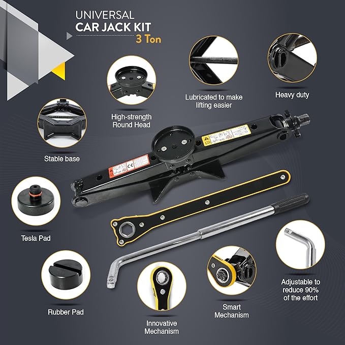 Car Jack Kit with Tesla Pad & Universal Rubber Pad | Scissor Jack for Car 3 Ton (6,600 lbs) - Tire Jack Tool Kit | Portable, Ideal for SUV and Auto - Universal Car Emergency Kit with Lug Wrench