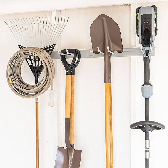 StoreYourBoard Wall-Mounted Rack With 4 Garage Hooks, Gray – Heavy-Duty Steel Holder Garage & Garden Storage for Shed, Workshop, or Home Organization – For Rakes, Shovels, Tools & More – 1 Pack, Gray