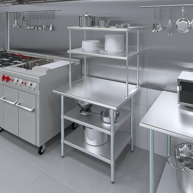 Amgood Stainless Steel Work Table with 2 Shelves | Metal Kitchen Prep Table & Shelving Combo (30" x 36" Table with 2 Shelves + 18" Overshelf)