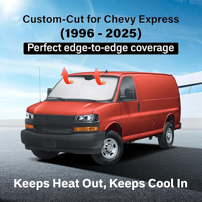 EcoNour Windshield Sunshade Compatible for Chevy Express 1996-2024 2025-240T Polyester Material Cars Sun Visor Reflector Blocks UV Rays - Foldable Sunshade Interior Protection Accessories
