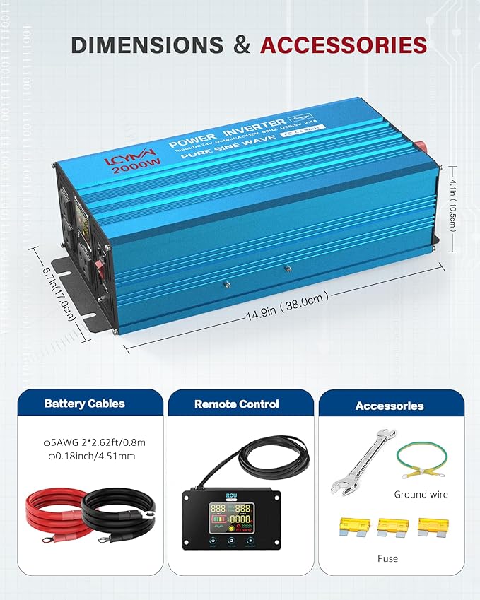2000 Watt Inverter Pure Sine Wave DC 24V to 110V/120V AC Power Inverters with 3 AC Charger Outlets Car Solar Converter for Vehicles Home with LCD Display and 2.4A USB Charging Port