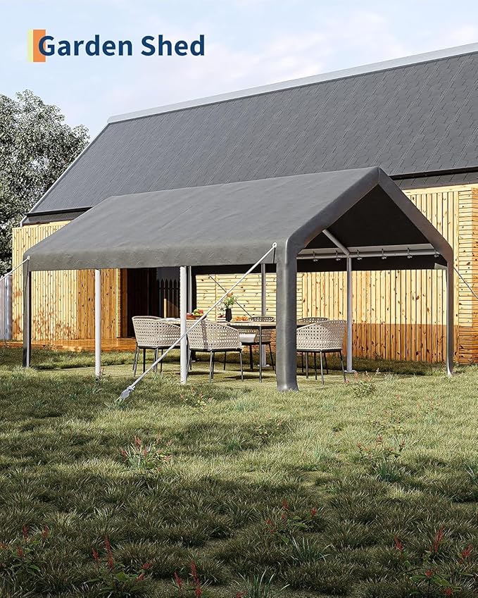 13 x 20ft Heavy-Duty Carport Canopy with Roll-Up Windows & DoorsThickened Wind Ropes, Ground Nails, Portable Car Tent Garage for Cars, Trucks, Boats, 180G Durable Tarp Cover,Grey