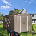 8x10 FT Outdoor Storage Shed, Metal Garden Shed with Frame Floor, Outside Tool Shed with Window, Waterproof Storage Building with Lockable Sliding Doors & Sloped Roof for Backyard, Patio, Warm Gray