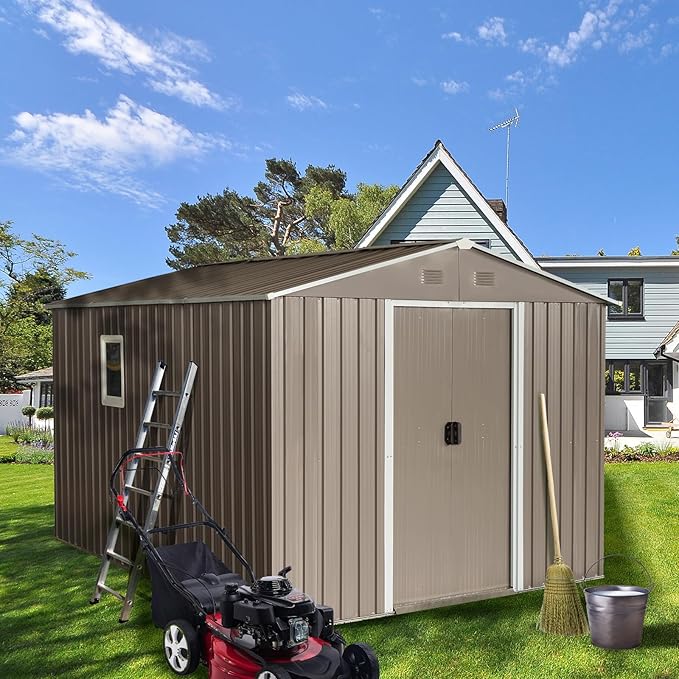 8x10 FT Outdoor Storage Shed, Metal Garden Shed with Frame Floor, Outside Tool Shed with Window, Waterproof Storage Building with Lockable Sliding Doors & Sloped Roof for Backyard, Patio, Warm Gray