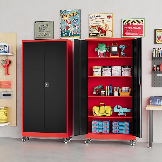 SISESOL 75" Tall Metal Storage Cabinet with Wheels,Rolling Garage Storage Cabinet with Lock,Red Metal Cabinets on Wheels,Locking Tool Cabinets on Wheel for Garage,Home,Office,Shop