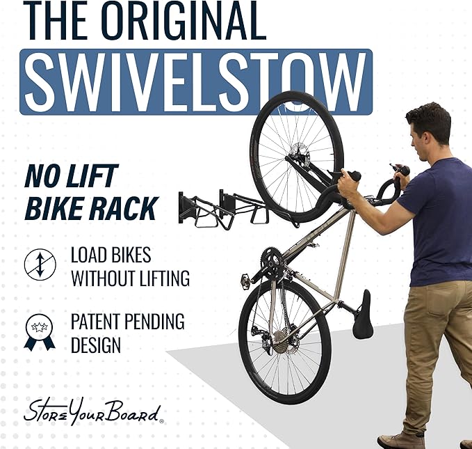 StoreYourBoard SwivelStow Bike Storage Rack 4 Pack, 2 MTB & 2 Road & Gravel Bike Wall Mounts, Heavy Duty Bike Hanger, No-Lift Bike Wall Mount for Garage Bike Storage, Holds 70 lbs, Patent-Pending