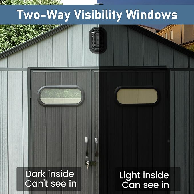 Domi 8x8 FT Outdoor Resin Storage Shed, All-Weather Double-Wall Storage Building for Backyard, Garden, Lawn Tools, Mower, Bike & Pool Equipment, Lockable Doors, Ventilated Roof, Grey