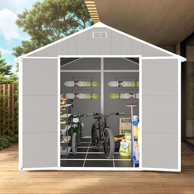 MyVoice 10x8 FT Outdoor Resin Storage Shed with HD Window, Rustproof Waterproof Garden Tool Shed, 12mm Thickened PP Panels, Large Capacity Outdoor Utility House for Backyard Patio (with Floor)