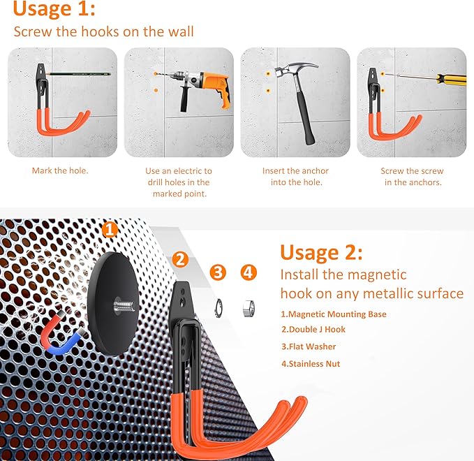 ENUODA Strong Magnetic Hooks Heavy Duty - Large Magnetic Tool Holder Utility Magnet Hanging Hook for Toolbox, Ladder, Broom, Shovel, Hose, Extension Cord, 2 PCS