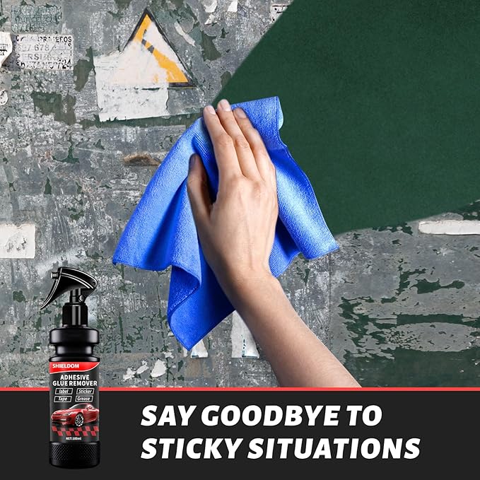 Adhesive Remover, Dissolve & Soften Adhesives on Car Glass & Paint, Easily Remove Glue Sticker Labels Decals Tape Residue, Portable Spray Removal Set with Scraper, Spatula, Towel -3.4oz/100ml