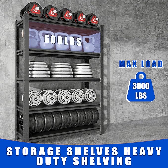 59"H Garage Shelving Heavy Duty Rack, 3000 LBS Extra Large Capacity 5 Tier Adjustable Storage Shelves, Metal Industrial Shelf Units for Garage, Basement and Warehouse, 59"H×23.6"W×13.8"D, Black