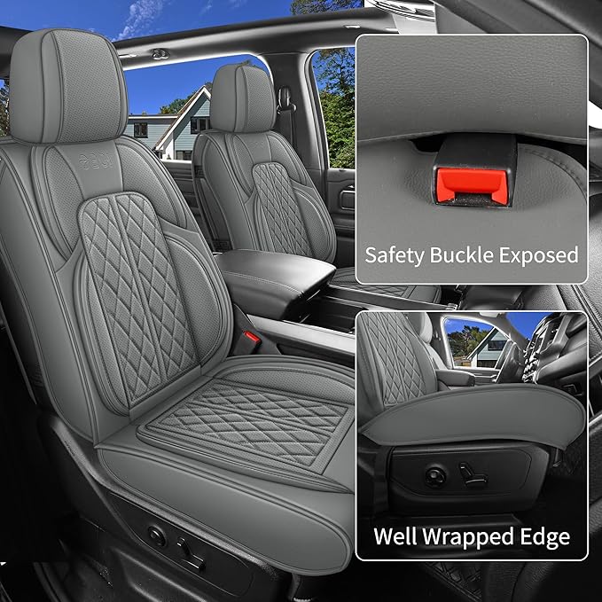 Car Seat Cover Custom Fit for Dodge Ram 1500 2500 3500 2002-2024 Faux Leather Seat Cover Set Compatible with Crew Quad Regular Cab Pickup Truck Cushions (Grey, Full Set, Flat Rear)