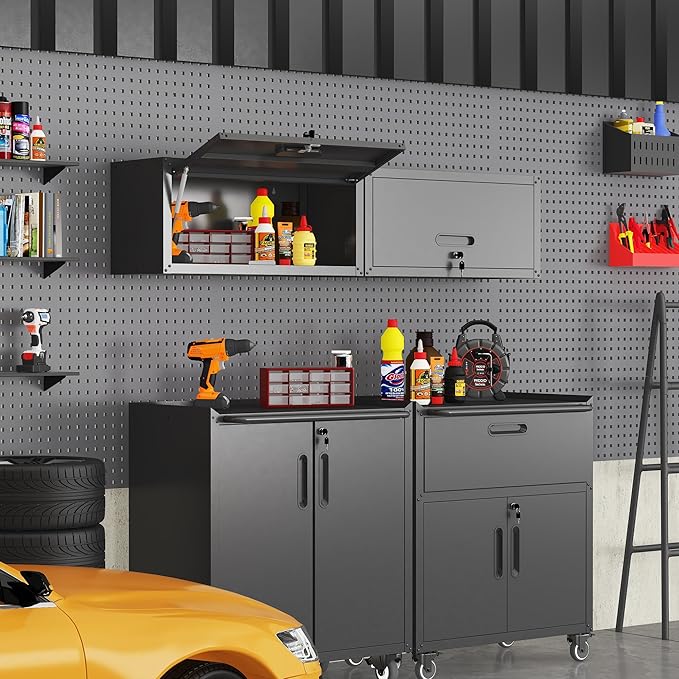 Metal Tool Cabinet,Garage Storage Cabinet System,Wall Cabinet & Locking Rolling Tool Cabinet with Doors and Adjustable Shelves,Steel Tool Cabinets for Home,Office (2 Pcs-StyleAA, Black)