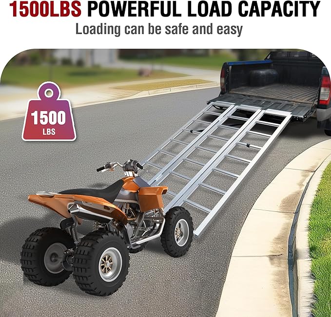 Rockland Tri-Fold Aluminum Loading Ramp, 69'' x 45'', 1500 LBS Loading Capacity, Portable Ramp for Motorcycles, Ebikes and ATVs, with 2 Safety Straps Included