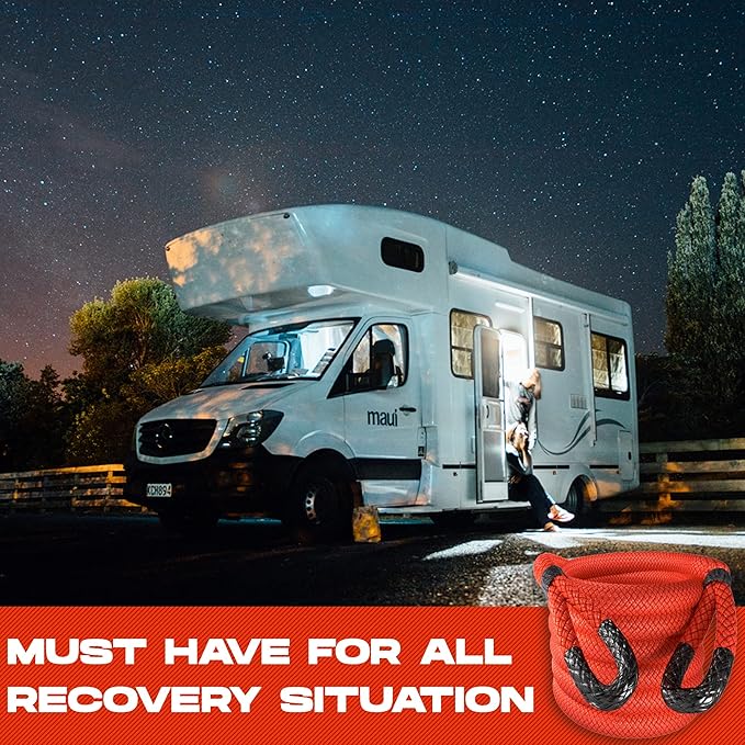 MiolleGear Heavy Duty Kinetic Recovery Tow Rope (Firecracker RED, 1-1/4"x30) (53000 lbs) with 2 Soft Shackle USA Spectra 9/16' x 10" (54000 lbs)