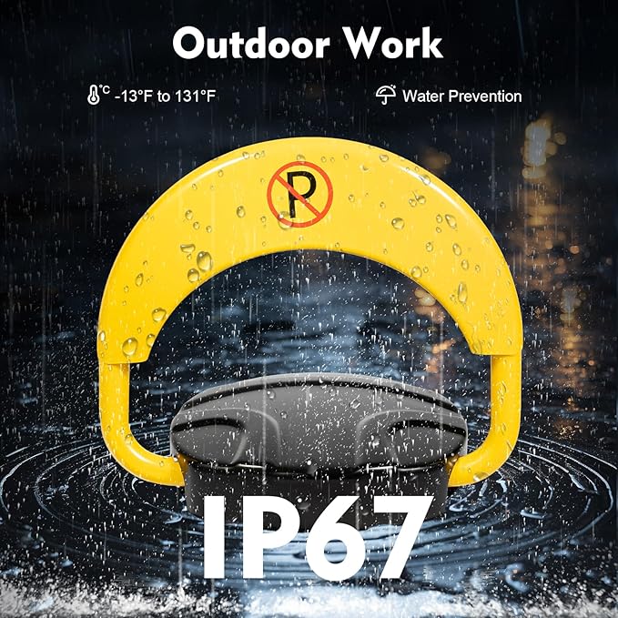 65.6FT Automatic Remote Control Parking Spot Lock, Yellow Parking Barrier Waterproof, Parking Spot Blocker with 180 ° Rotating Rocker Arm, Withstand Up to 4410 lbs(Battery Not Included)