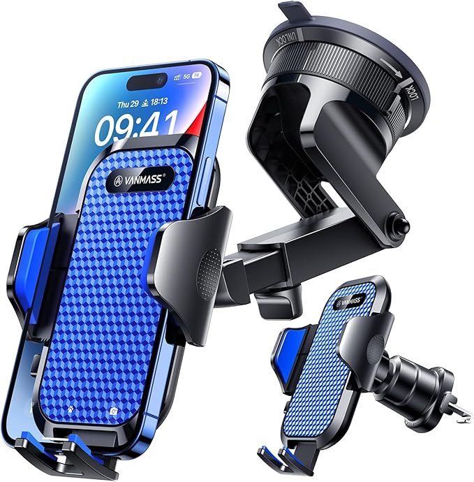 VANMASS Ace Car Phone Holder Mount New Upgraded [Military Steel Hook & Super Suction Cup] Handsfree Cell Phone Holder Car Dash Windshield Air Vent Stand for iPhone 14 13 12 Pro Max Samsung Truck,Blue