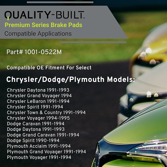 Premium Semi-Metallic Front Brake Pads (1001-0522M) Compatible with 1990-1995 Chrysler/Dodge/Plymouth (Acclaim/Caravan/Daytona/Grand Caravan/Grand Voyager/LeBaron/Spirit/Town & Country)