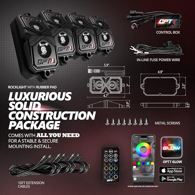 OPT7 Quantum Pro RGBW LED Rock Lights with Bluetooth APP and Remote Control, 4 Pods Wide Angle Multicolor Neon Underglow Lighting Kit with Extension Wire, IP68 Waterproof for Offroad Truck ATV UTV SUV