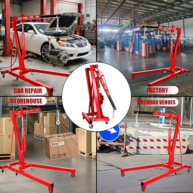 2 Ton Engine Hoist, Folding Hydraulic Cherry Picker Engine Hoist, 60.6x37x56.2 Inch Alloy Steel Hydraulic Lift with Lever, 6 Swivel Wheels and Engine Leveler, Garage Auto Repair Tools (Red)