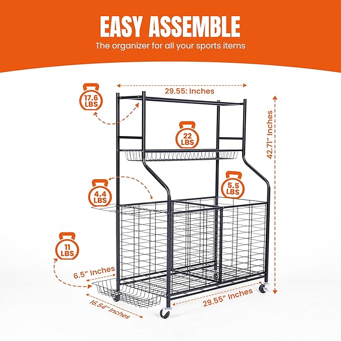 Sports Equipment Organizer - 29.6" W x 42.7" H - Rolling Garage Ball Storage Rack - Golf Bag Storage Stand & Other Sports Equipment & Toys - Indoor/Outdoor Stand - Removable Basket