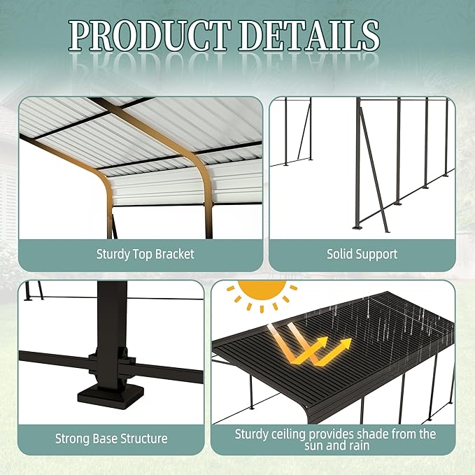 12x20 FT Metal Carport, Heavy Duty Car Port Canopy with Galvanized Steel Roof & Frame, Large Metal Carport Kit, Steel Car Shelter, Outdoor Car Garage for Car, Boat, Truck, Dark Gray