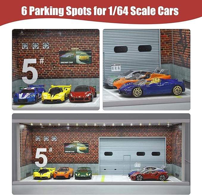 Display Case for Hot Wheels: Stackable Parking Garage for 1/64 Scale Matchbox Toy Car, FoamBoard Storage for Monster Trucks with LED Light and Acrylic Cover, Red Factory