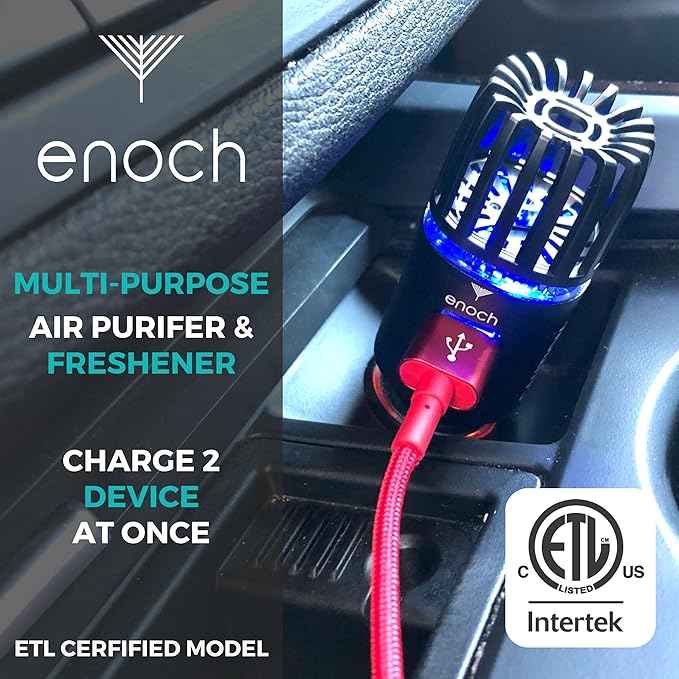 Enoch Car Air Purifier Premium Air Ionizer - 12V Plug-In Ionic Ozone Deodorizer Accessory with Dual USB Car Charger - Eliminates Cigarette Smoke, Pet and Food Odors, Dust (Black)
