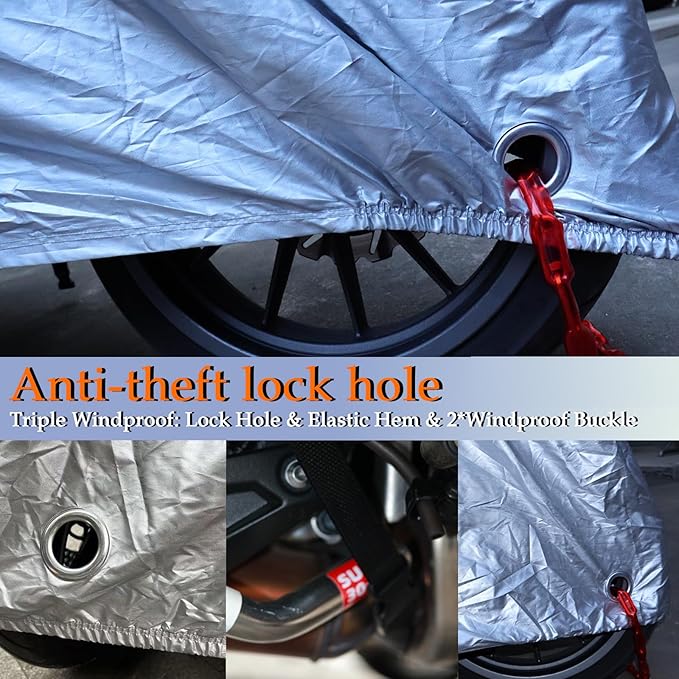 Motorcycle Cover, 210D Oxford Cloth, with Reflective Stripes, Waterproof Outdoor Protection, All-Weather Universal car Cover, with Lock Holes and Storage Bag. (Black Silver, 96.5")