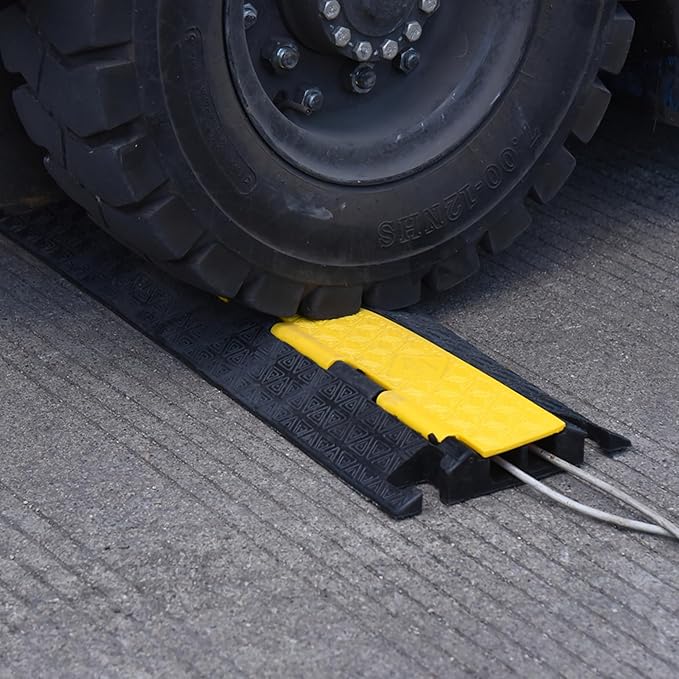 Heavy-Duty Rubber Cable Protector Ramp (4-Pack) - 2-Channel Floor Cord Cover for Driveway, Warehouse, Events - 22,000 lbs Load Capacity - Indoor & Outdoor Use - Cable Speed Bump for Hoses, Cables