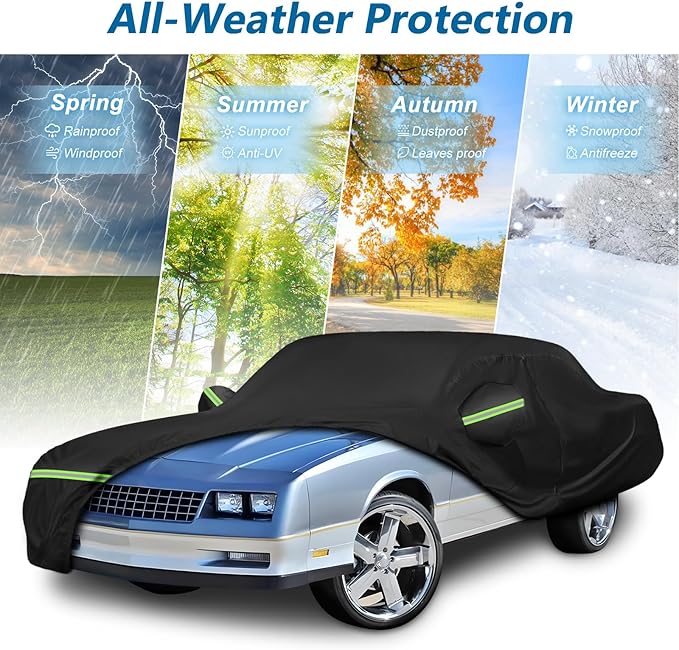 Waterproof Car Covers for Chevy Monte Carlo 1970-1988, 420D Oxford Cloth Sun Heat Protection Outdoor Full Covers with Driver Side Zipper Windproof Heavy Duty All Weather for 1970-1988 Monte Carlo