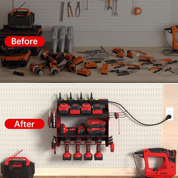 Power Tool Organizer Wall Mount wtih Charging Station,4 Drill Holder Wall Mount with 8 Outlet Power Strip,3 Layers Heavy Duty Tool Rack with Hooks,Screwdriver Organizer in Workbench,Garage
