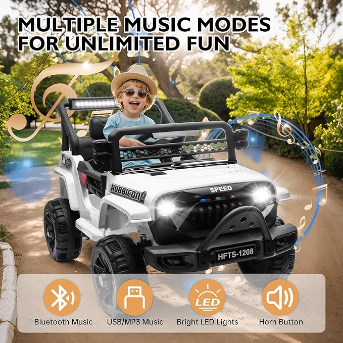 12V Ride on Electric Truck Car for Kids, 12V Kids Electric Vehicles w/Remote Control, Four-Wheel Suspension, USB, Bluetooth, Power Display, Lights, Battery Powered Ride on Toys for Boys Girls (White)