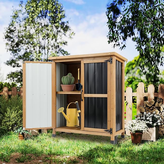 Outdoor Storage Cabinet Wood & Metal Small Storage Shed Waterproof Roof, Double Lockable Doors Garden Shed with Removable Shelves for Patio, Garden, Backyard, Lawn, 32" x 13" x 40" (Brown)