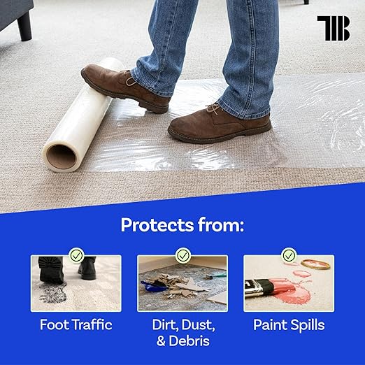 TapeManBlue Carpet Protection Film 36" x 200' roll. Made in The USA. Easy Unwind, Clean Removal, Strongest and Most Durable Plastic Carpet Protector. Clear, Self-Adhesive Surface Protective Film.