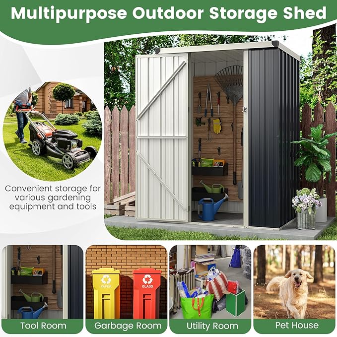 Goplus 3.8 x 2.8 FT Storage Shed Outdoor, All-Weather Steel Utility Storage House w/Lockable Door, Snap-on Arrow Leaning Organizer, Bike Tool Garden Sheds for Yard Lawn Patio