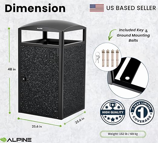 Alpine Outdoor Commercial Trash Can with Lid - 55 Gallon Heavy Duty Steel Garbage Can with Removable Bin, Locking Door for a Modern Look in Park, Mall & High Traffic Areas - Black, Grey Stone Panels