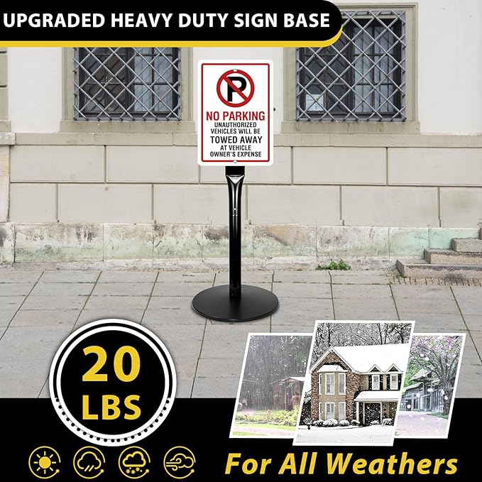 Parking Sign Post with Base - 20 Lbs Heavy Duty Parking Sign Stand for Hanging Traffic Construction Street Warning Notice, Movable Black Cast Iron Base Stand for Outdoor Use, 1 Pack
