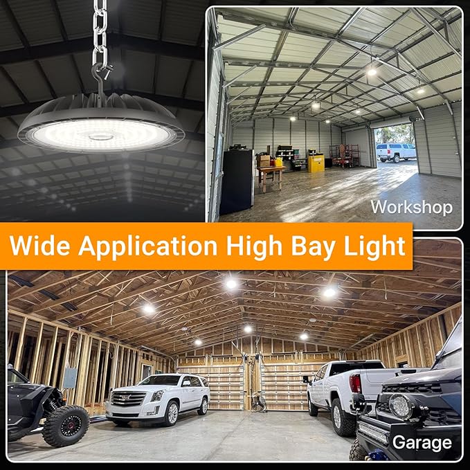 2 Pack LED High Bay Light 200W 30000 lm, 5000K UFO High Bay Led Shop Lights ETL Listed US Hook 5' Cable Plug, 800W MH/HPS Eqv. Commercial Lighting for Workshop, Garage, Warehouse 100-277V