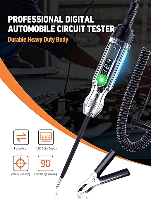 Automotive Test Light, Heavy Duty 5-90V Digital LED Electrical Tester, Circuit Tester with 140 Inch PU Spring Wire, Voltage Tester Pen for Checking Vehicle Car Truck Motorcycle Boat