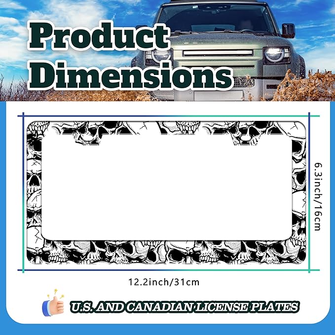 Skull License Plate Frame Black White Skeleton Stainless Steel License Plate Holder for Front or Rear Car Tags Funny for Car Decoration Accessories with Screws 6.3 X 12.2 in for Women Men